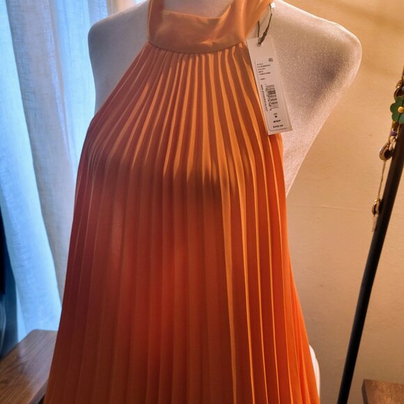 Alice + Olivia AVIANA ORANGE HALTERNECK SUNBURST PLEATED MINI DRESS Size M - Picture 6 of 9
